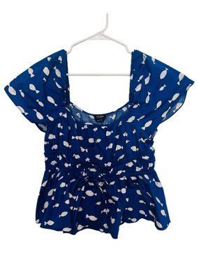 Kate Spade Graphic Fish Top XL Blue White Peplum Smocked Coastal Beach Blouse